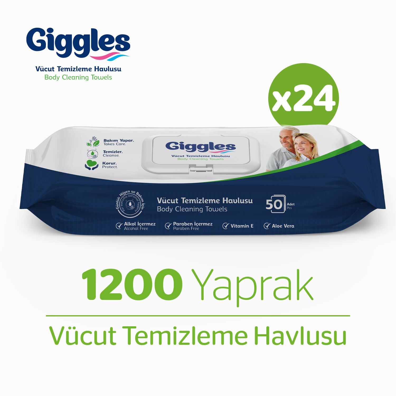 GİGGLES Vücut Temizleme Havlusu 50'li 24 Paket 1200 Havlu